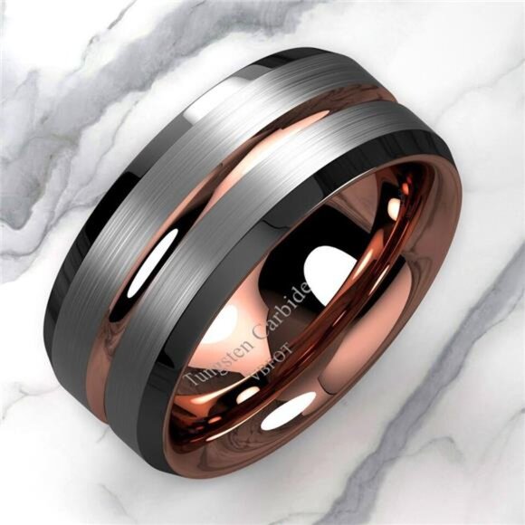 Men's Wedding Band Rings | Silver Brushed Rose Gold Men's Wedding Rings - Picture 5 of 8